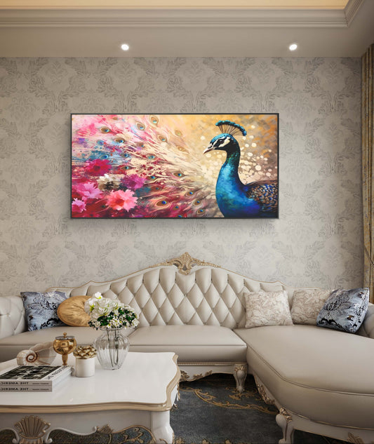 OPULENT PEACOCK FETHER CANVAS PAINTING (24x48 Inch)